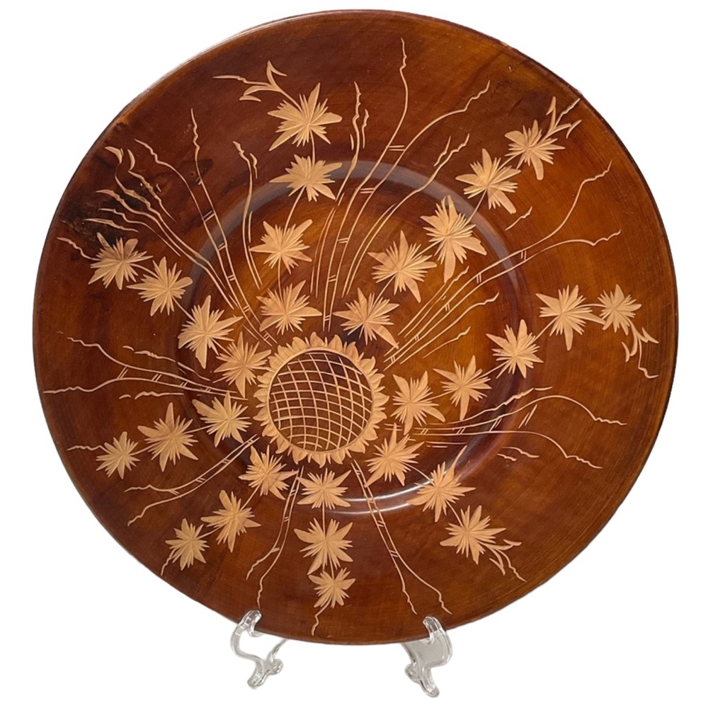WOODEN Plate Round Decorative Hand Carved Wooden Brown